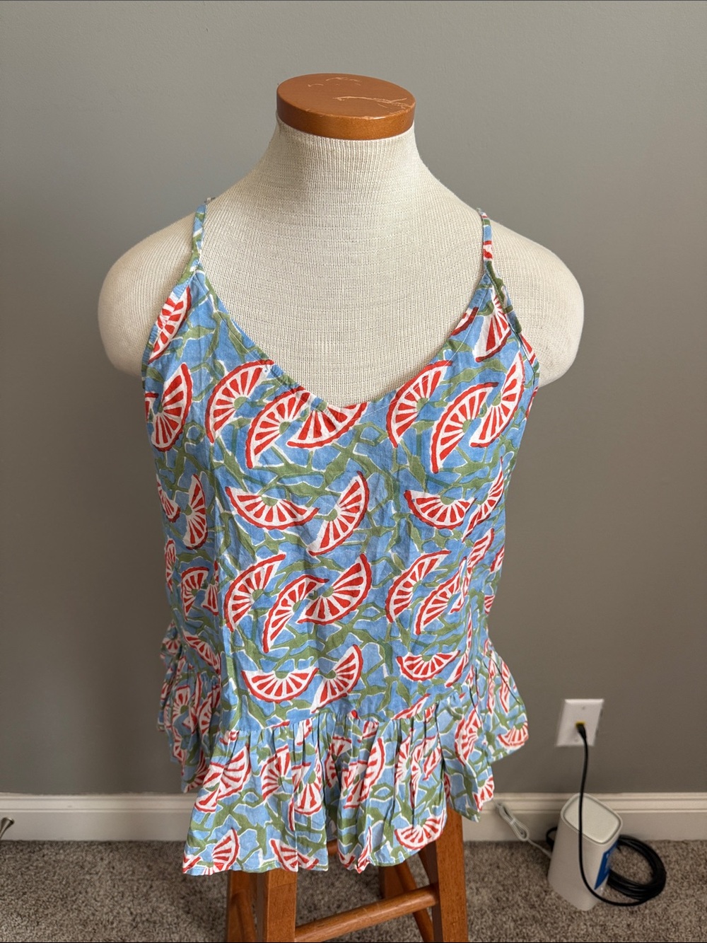 Mod’s Mahal - Sleeveless Blue Citrus-Print Ruffle Hem Tank Top - Medium